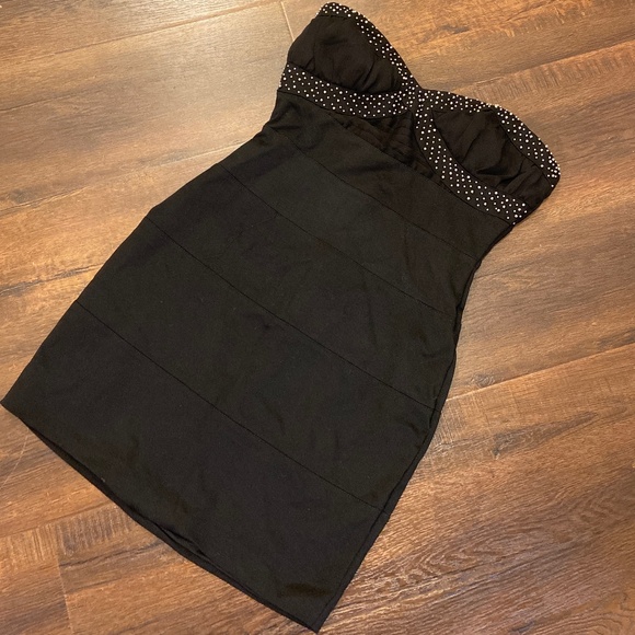 GRASS COLLECTION BLACK BANDAGE BODYCON STUDDED STRAPLESS  MINI DRESS SZ 9 - Picture 1 of 11